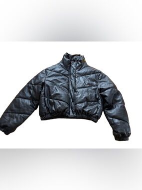 Cropped Black Faux Leather Bomber Jacket Women’s Size L Minimalist Street Style